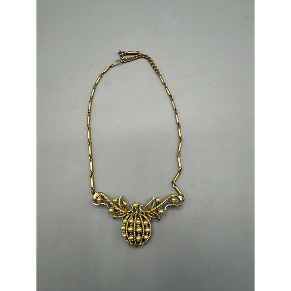 Coro? Pearl (Faux) & Gold (Tone) Round Ball Pumpkin Statement Necklace - Picture 3 of 12